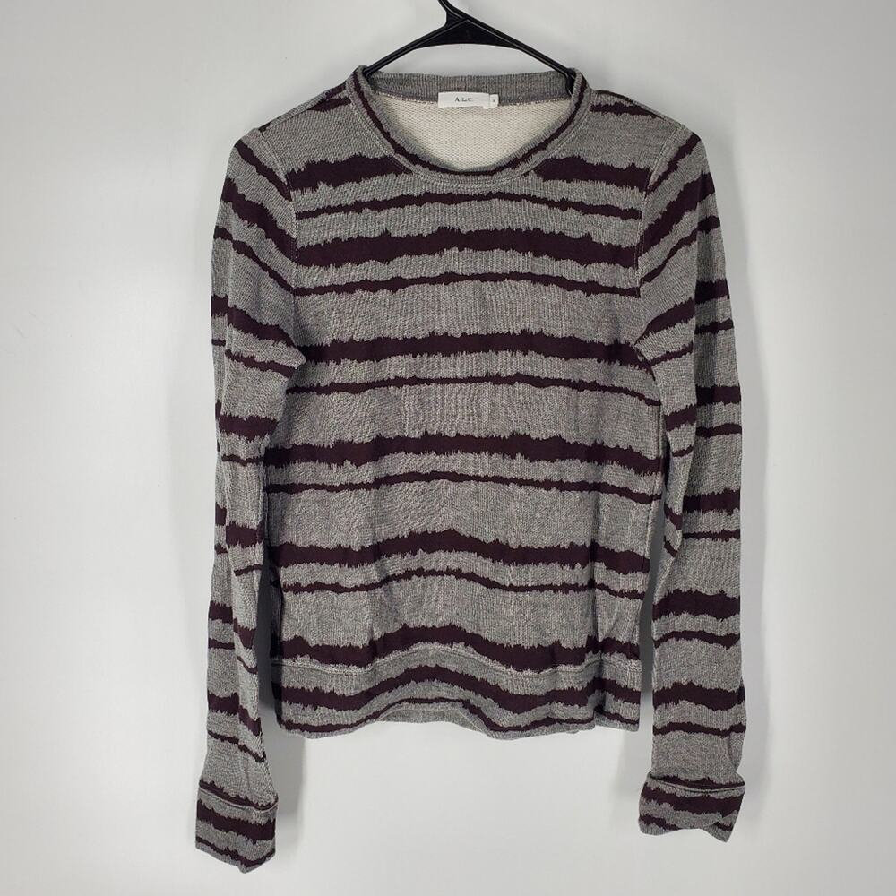 A.L.C. Grey Burgandy Jagged Stripe Cotton Crewneck Sweater S